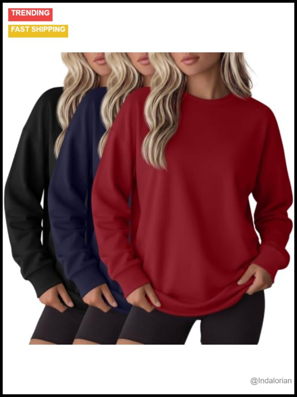3 Pack Women's Crew Neck Long Sleeve Lightweight Sweatshirts Oversized